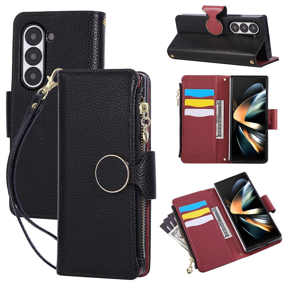 For Samsung Galaxy Z Fold7 5G Case Zipper Wallet Leather Phone Cover with Wrist Strap