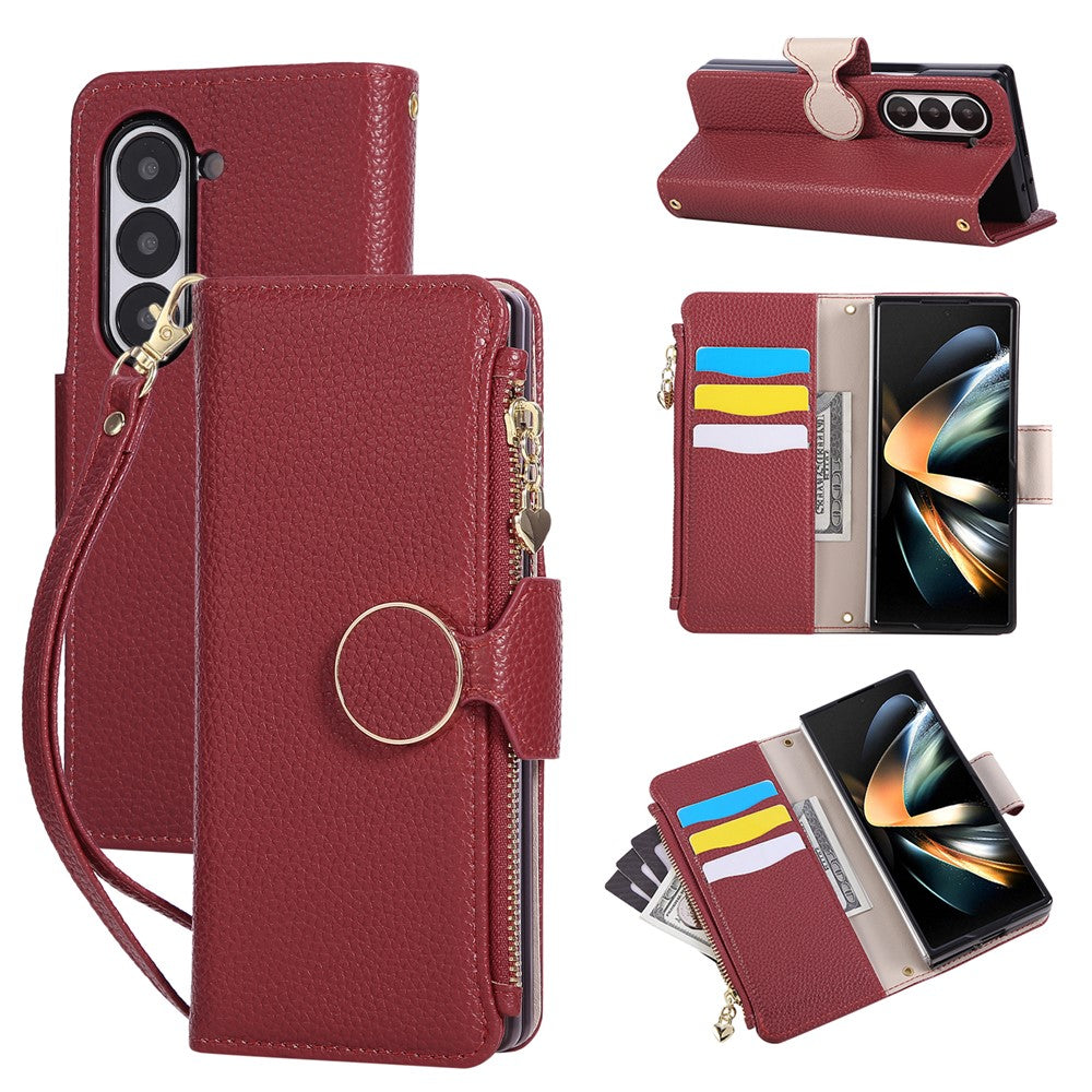 For Samsung Galaxy Z Fold7 5G Case Zipper Wallet Leather Phone Cover with Wrist Strap