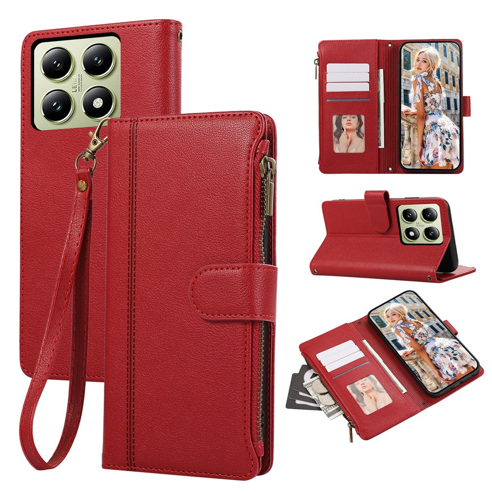 For Xiaomi 14T Case Multi Card Slots Zipper Leather Phone Cover with Wrist Strap