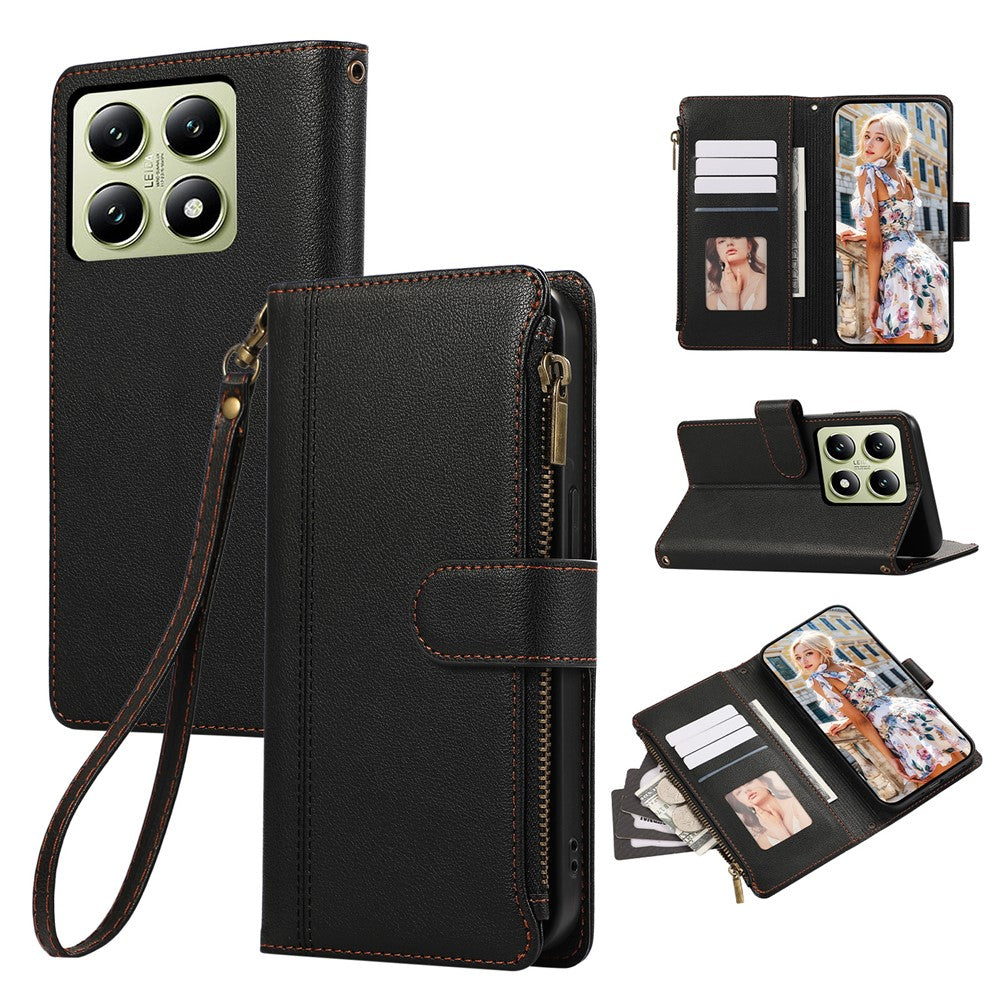 For Xiaomi 14T Case Multi Card Slots Zipper Leather Phone Cover with Wrist Strap