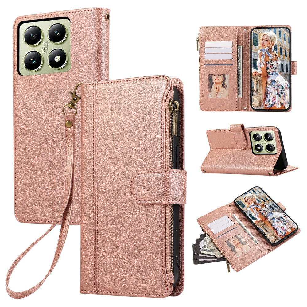 For Xiaomi 14T Case Multi Card Slots Zipper Leather Phone Cover with Wrist Strap