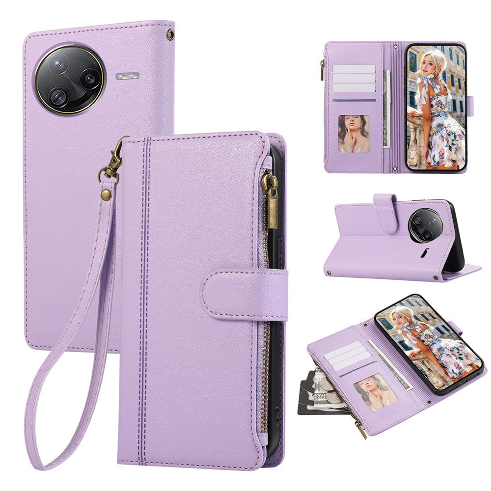 For Xiaomi Redmi K80 Pro 5G / Poco F7 Ultra 5G Case Multi Card Slots Zipper Leather Phone Cover with Wrist Strap