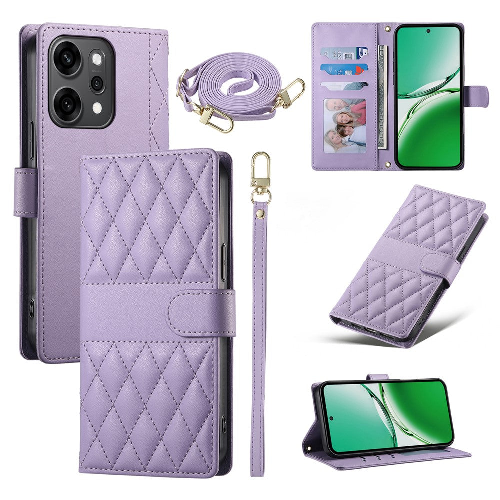 For Oppo Reno14 Pro 5G (Global) Case Rhombus Stitching Wallet Stand Leather Phone Cover with Long  /  Short Strap