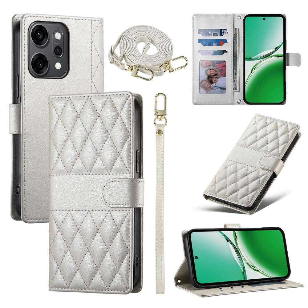 For Oppo Reno14 Pro 5G (Global) Case Rhombus Stitching Wallet Stand Leather Phone Cover with Long  /  Short Strap