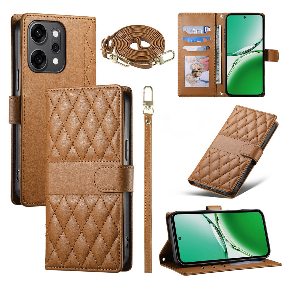 For Oppo Reno14 Pro 5G (Global) Case Rhombus Stitching Wallet Stand Leather Phone Cover with Long  /  Short Strap