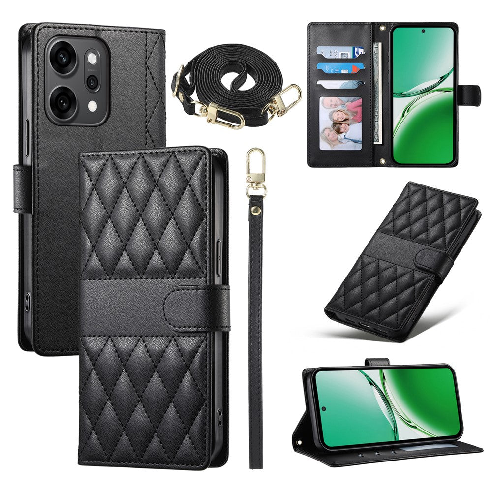For Oppo Reno14 Pro 5G (Global) Case Rhombus Stitching Wallet Stand Leather Phone Cover with Long  /  Short Strap
