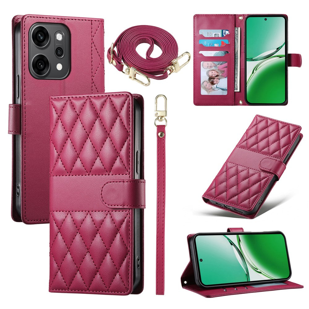 For Oppo Reno14 Pro 5G (Global) Case Rhombus Stitching Wallet Stand Leather Phone Cover with Long  /  Short Strap