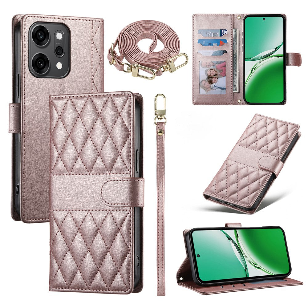 For Oppo Reno14 Pro 5G (Global) Case Rhombus Stitching Wallet Stand Leather Phone Cover with Long  /  Short Strap