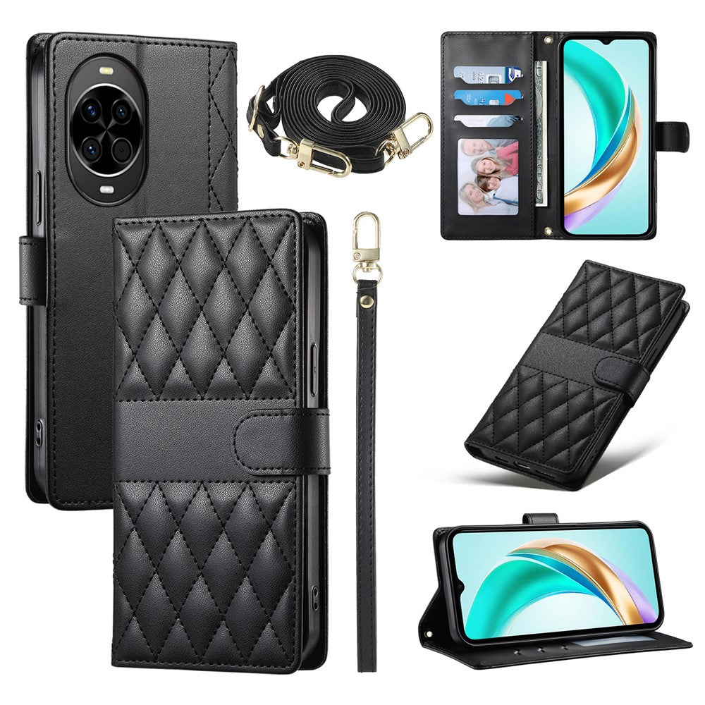 For Huawei nova 14 5G Case Rhombus Stitching Wallet Stand Leather Phone Cover with Long  /  Short Strap