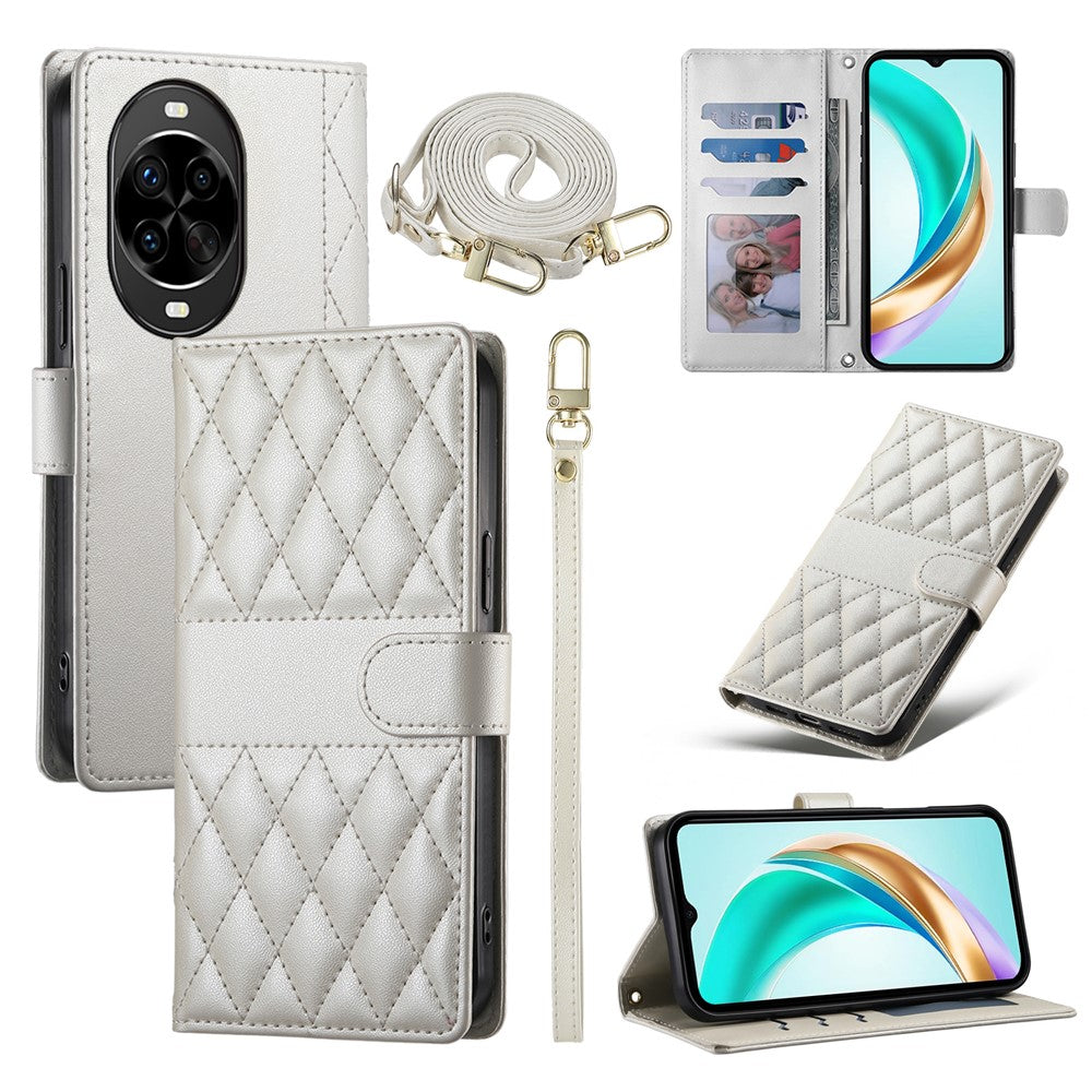 For Huawei nova 14 Pro 5G Case Rhombus Stitching Wallet Stand Leather Phone Cover with Long  /  Short Strap