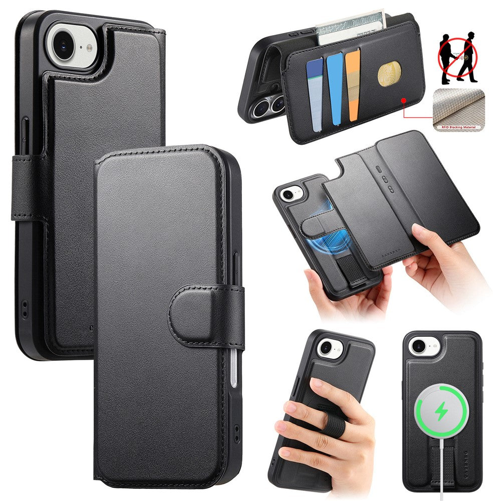 CASENEO Magnetiskt fodral för iPhone 17e/16e, RFID-blockerande plånbok, avtagbart läderfodral med armband