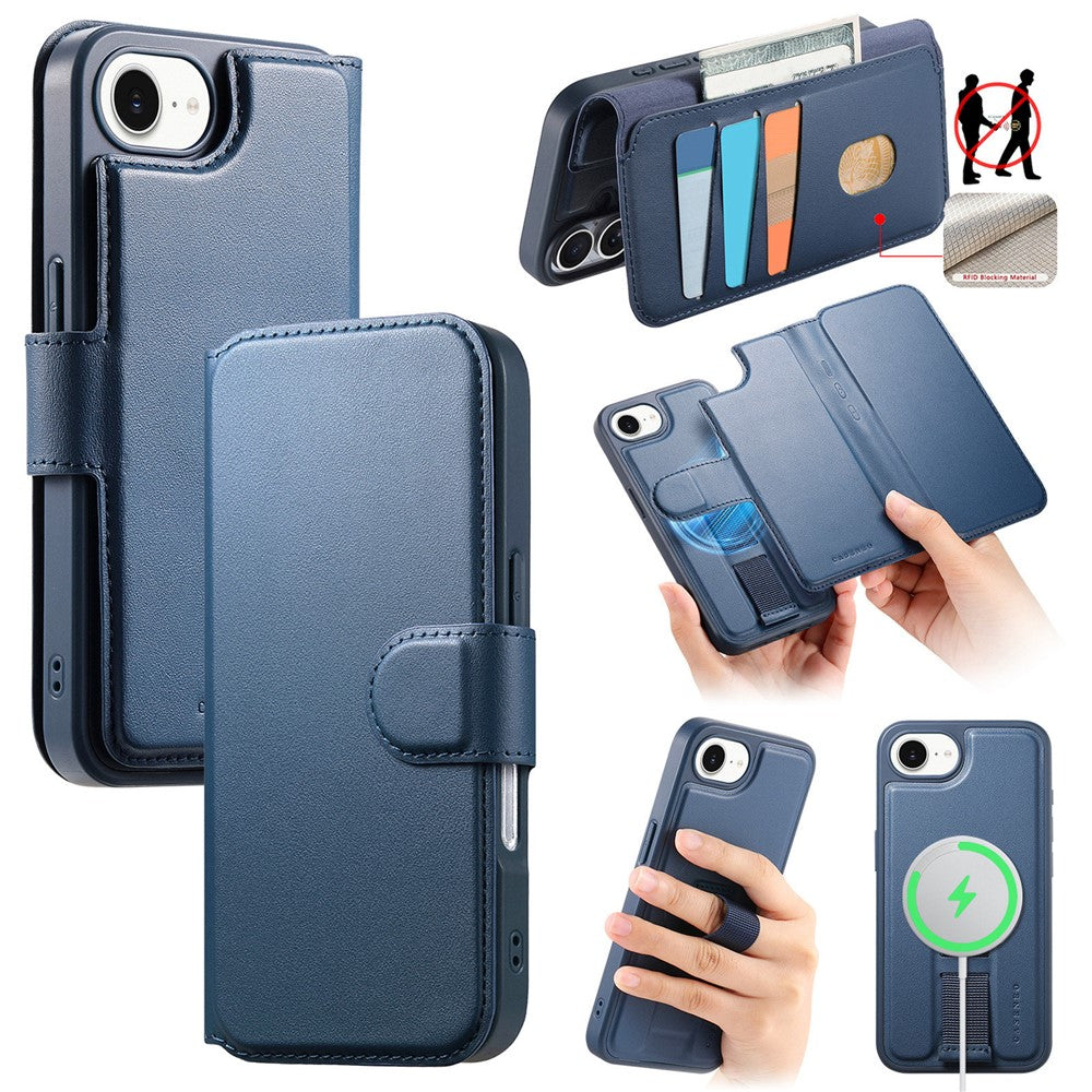 CASENEO For iPhone 17e / 16e Magnetic Case  RFID Blocking Wallet Detachable Leather Phone Cover with Wristband
