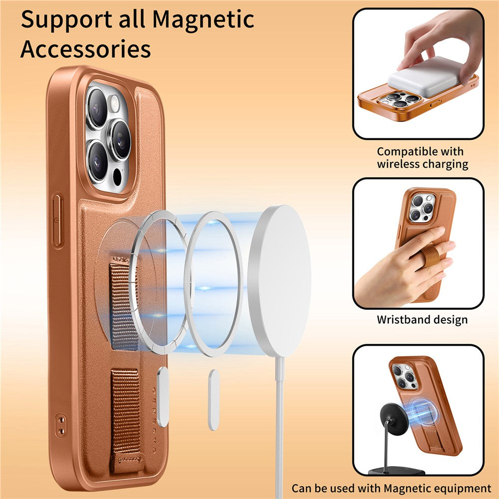 CASENEO For iPhone 15 Pro Max Magnetic Case  Wristband PU Leather + PC Shockproof Phone Cover