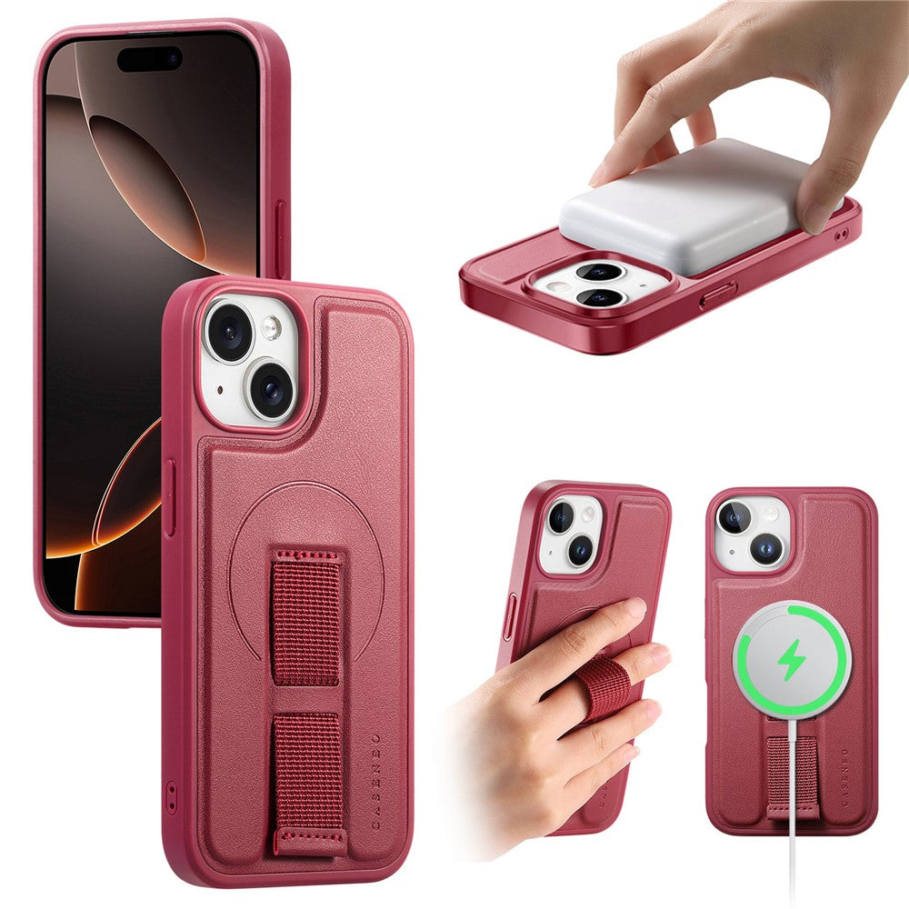 CASENEO For iPhone 15 Magnetic Case  Wristband PU Leather + PC Shockproof Phone Cover