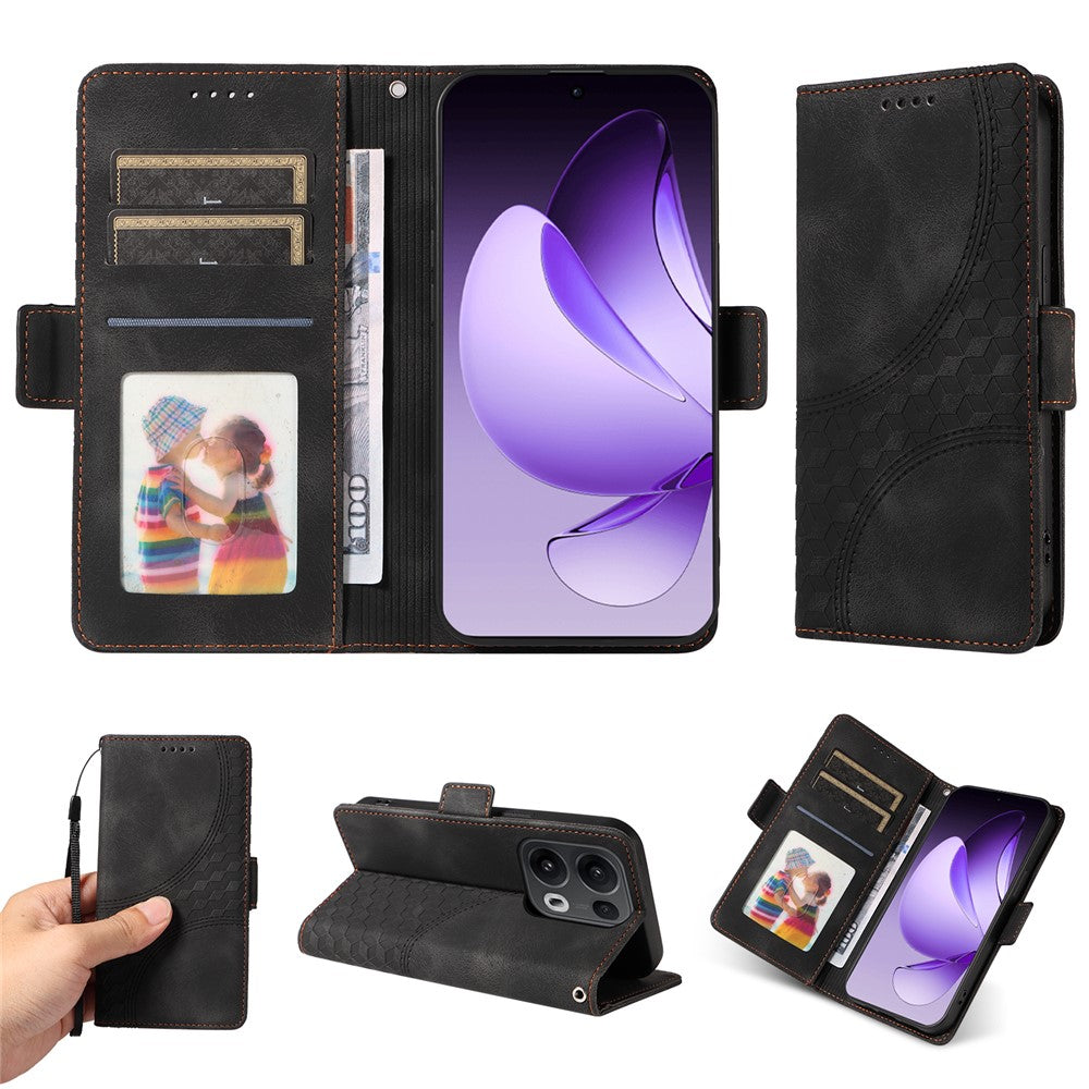 Oppo Reno13 Pro 5G / Oppo Reno14 Pro 5G (Kina) / Oppo Reno14 Pro 5G (Global) Läderfodral Plånbok Rombpräglat mobilfodral Stativ med Rem