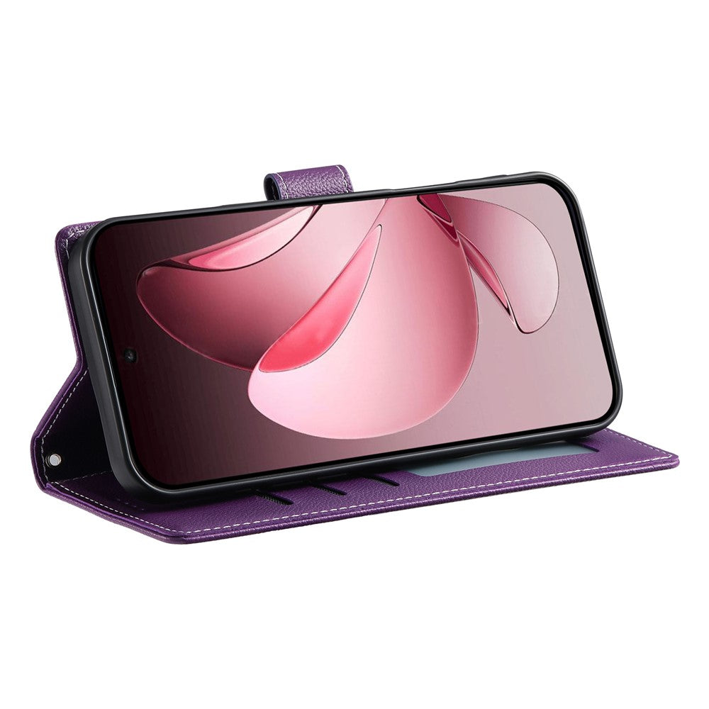 For Oppo Reno14 5G (Global) Case Magnetic Snap Litchi Texture Leather Wallet Phone Cover with Wrist Strap