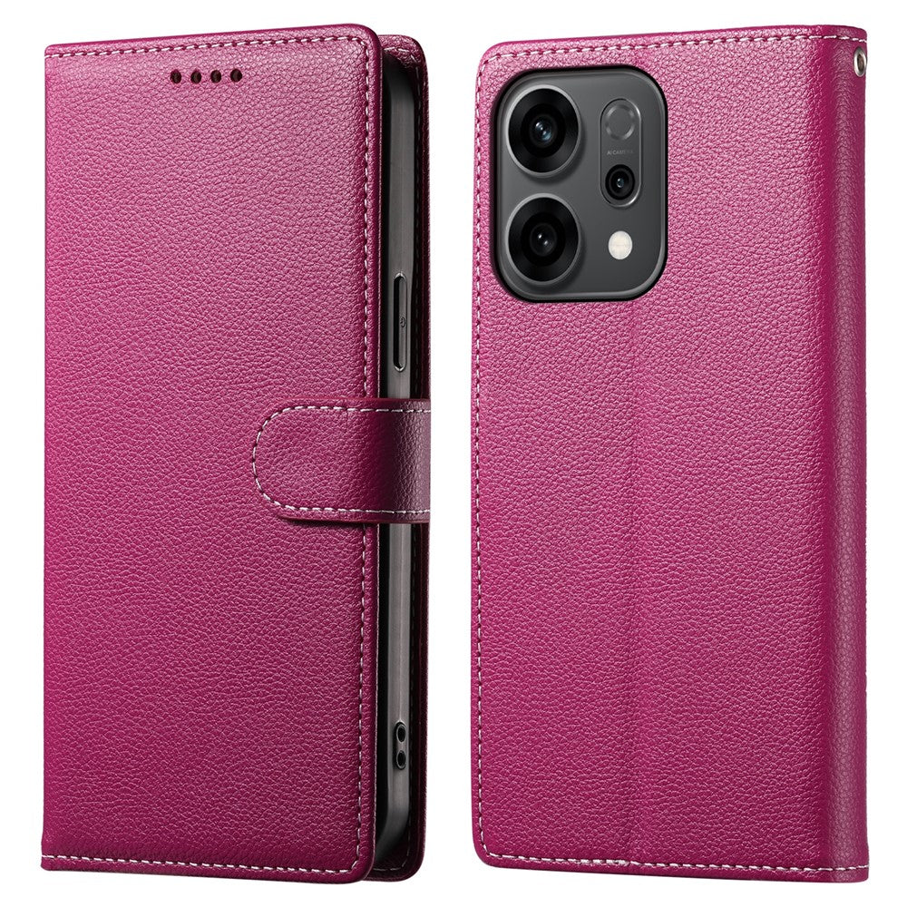 For Oppo Reno14 5G (Global) Case Magnetic Snap Litchi Texture Leather Wallet Phone Cover with Wrist Strap