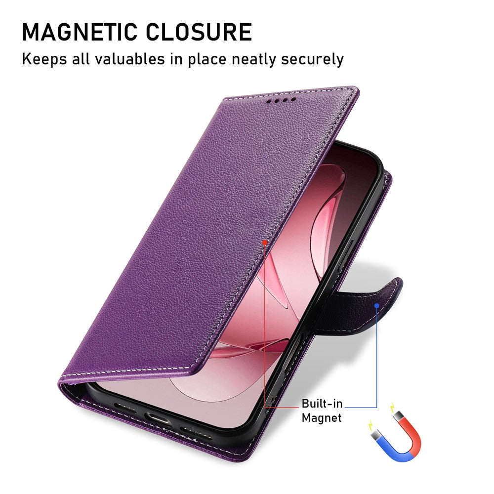 For Oppo Reno14 Pro 5G (Global) Case Magnetic Snap Litchi Texture Leather Wallet Phone Cover with Wrist Strap