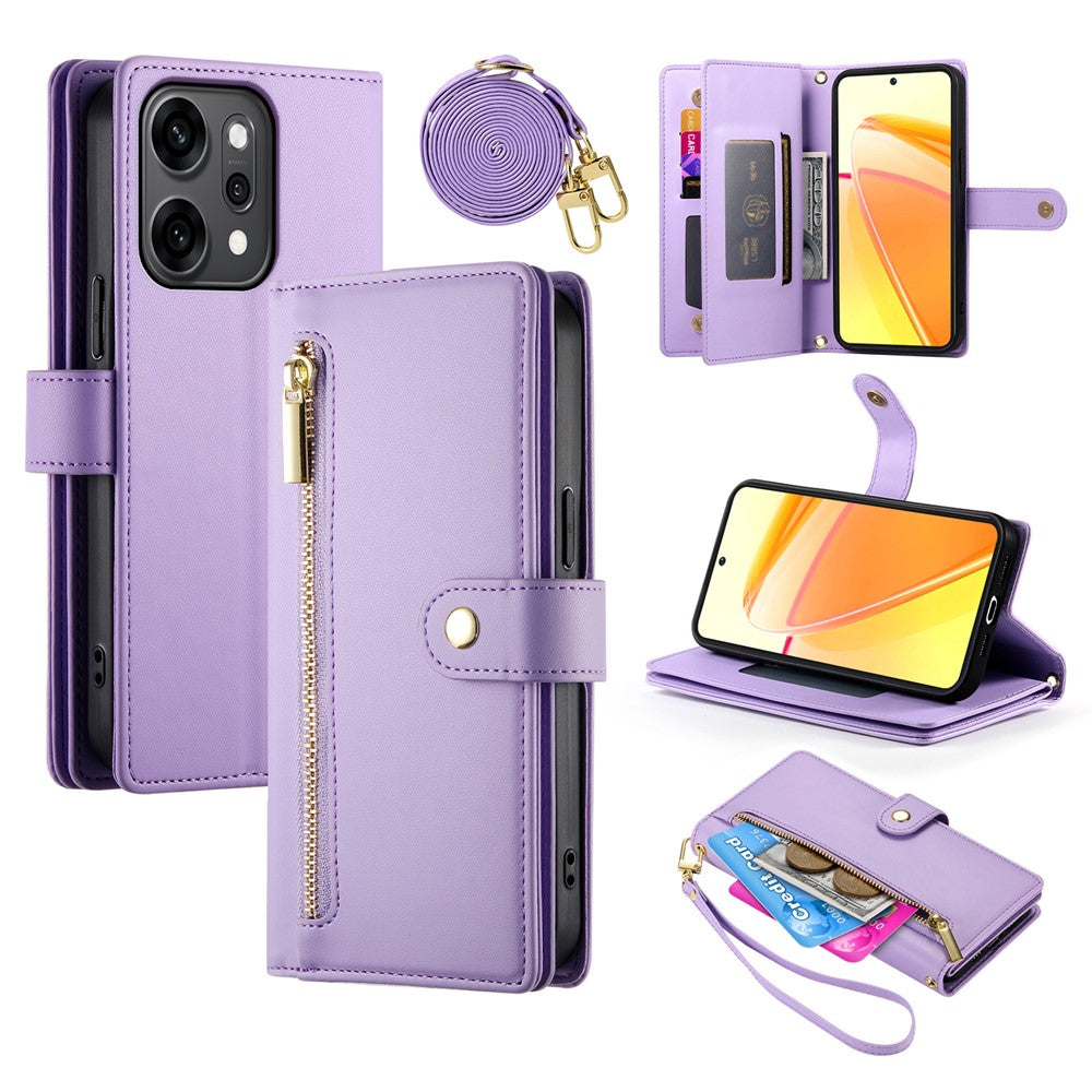 For Oppo Reno14 Pro 5G (Global) Case Zipper Pocket Wallet Leather Phone Cover with Straps