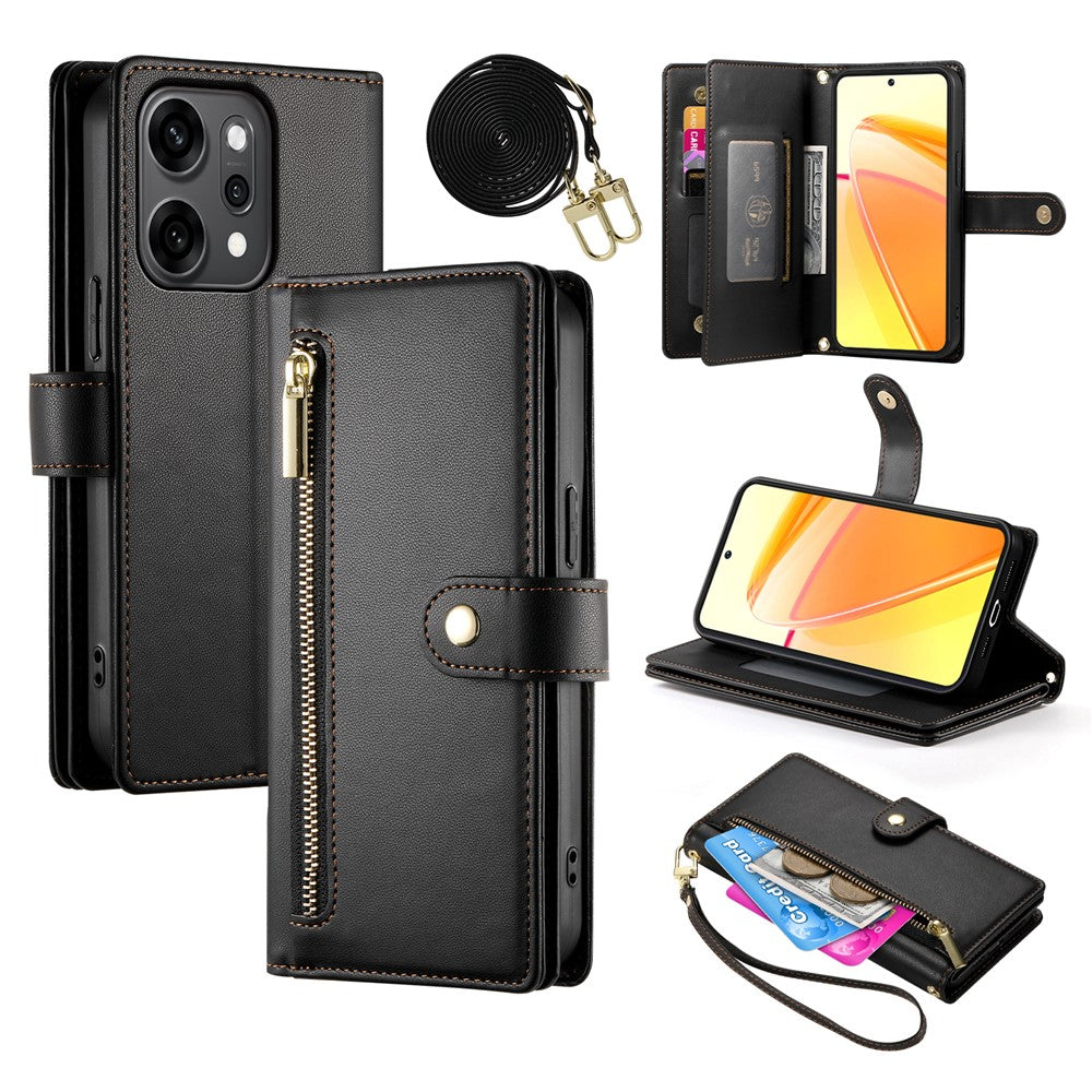 For Oppo Reno14 Pro 5G (Global) Case Zipper Pocket Wallet Leather Phone Cover with Straps