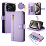 For iPhone 18 Pro / 17 Pro Case Zipper Pocket Wallet Leather Phone Cover with Straps