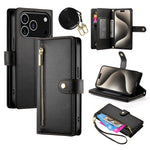 For iPhone 18 Pro / 17 Pro Case Zipper Pocket Wallet Leather Phone Cover with Straps