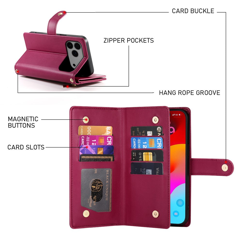 Til iPhone 18 Pro Max / 17 Pro Max Cover Lynlåslomme Pung Læder Telefoncover med Remme