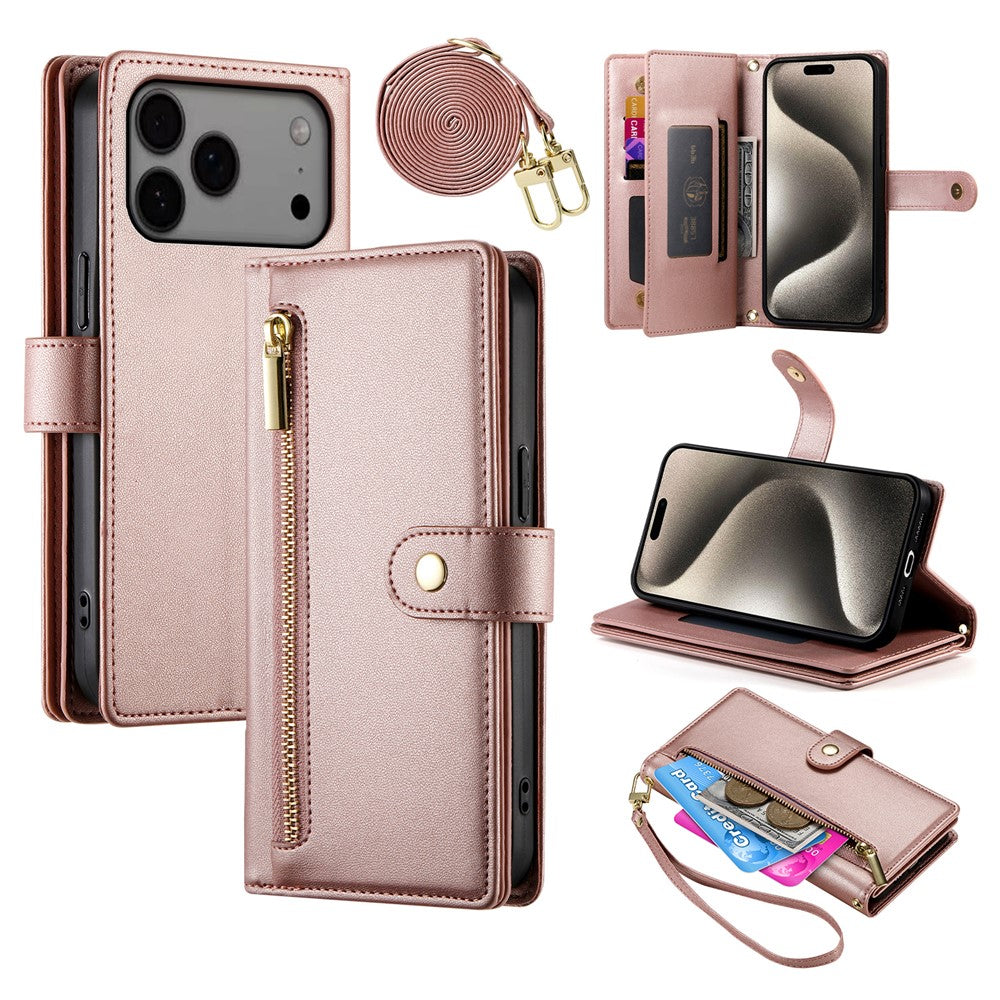 Til iPhone 18 Pro Max / 17 Pro Max Cover Lynlåslomme Pung Læder Telefoncover med Remme