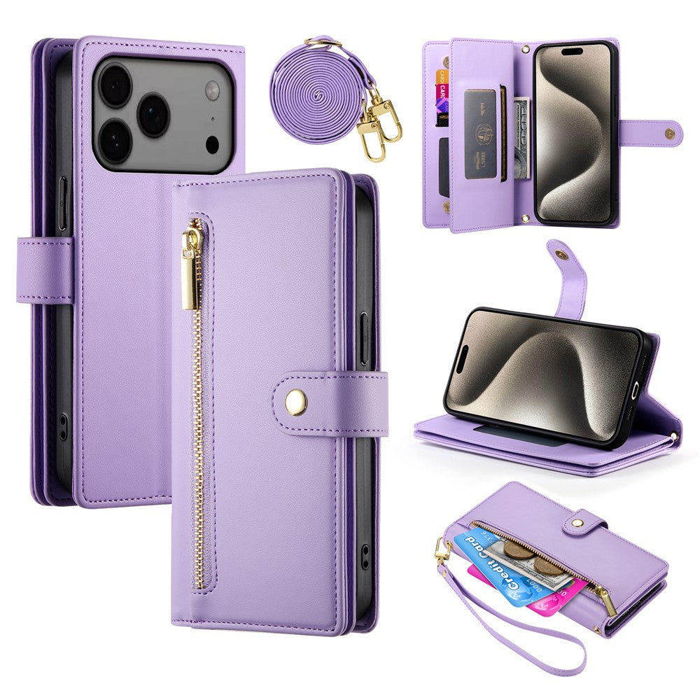 Til iPhone 18 Pro Max / 17 Pro Max Cover Lynlåslomme Pung Læder Telefoncover med Remme