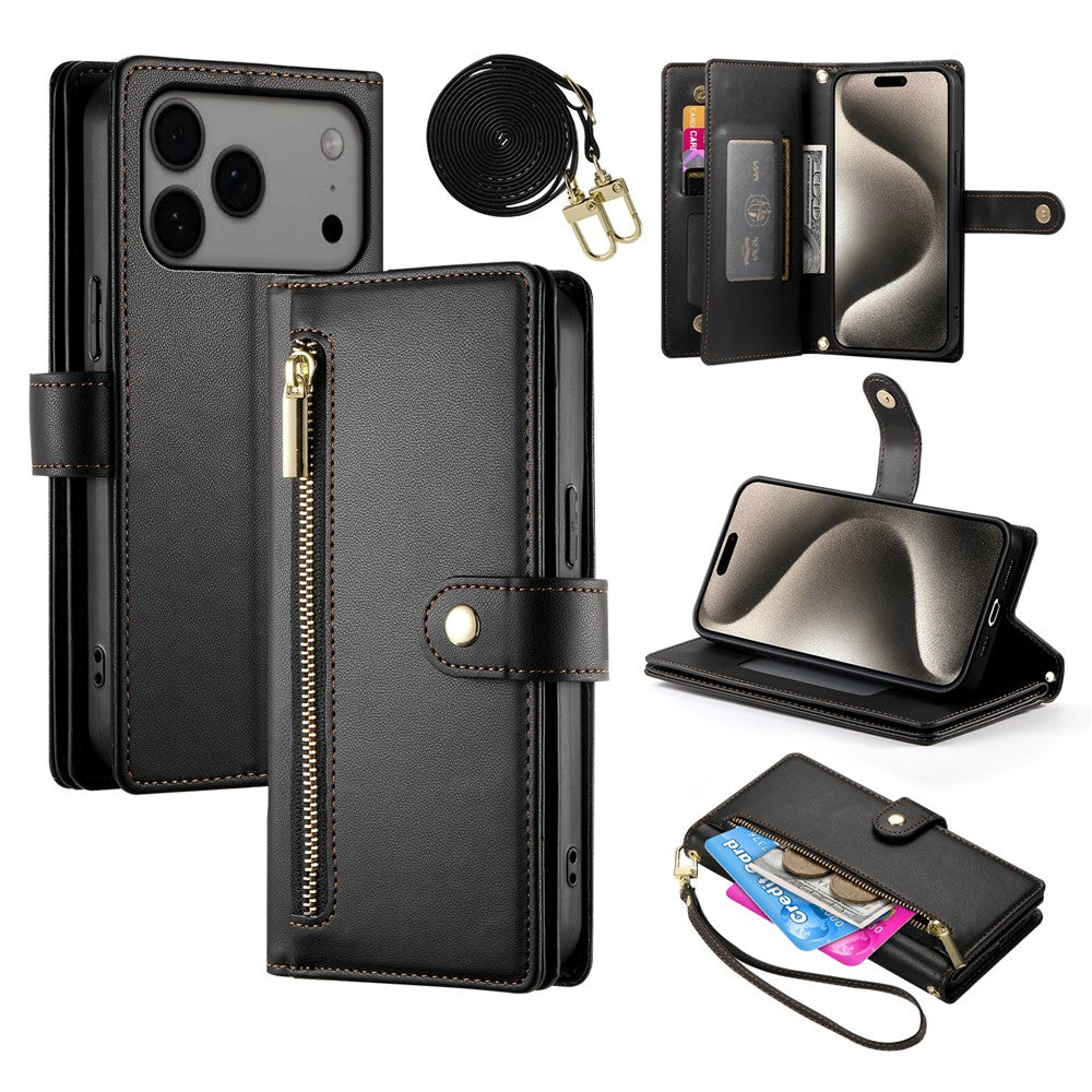 Til iPhone 18 Pro Max / 17 Pro Max Cover Lynlåslomme Pung Læder Telefoncover med Remme
