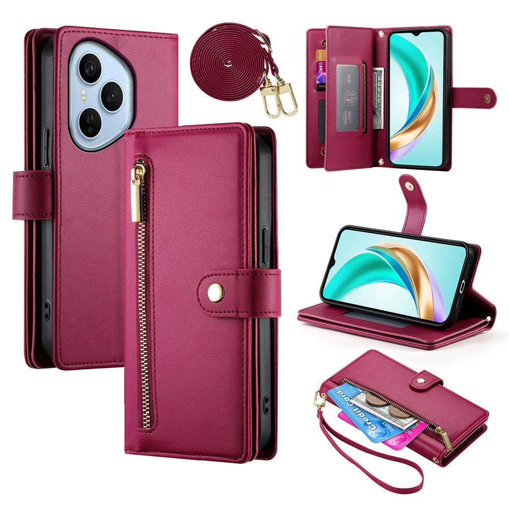 For Honor 400 Pro 5G (Global) Case Zipper Pocket Wallet Leather Phone Cover with Straps