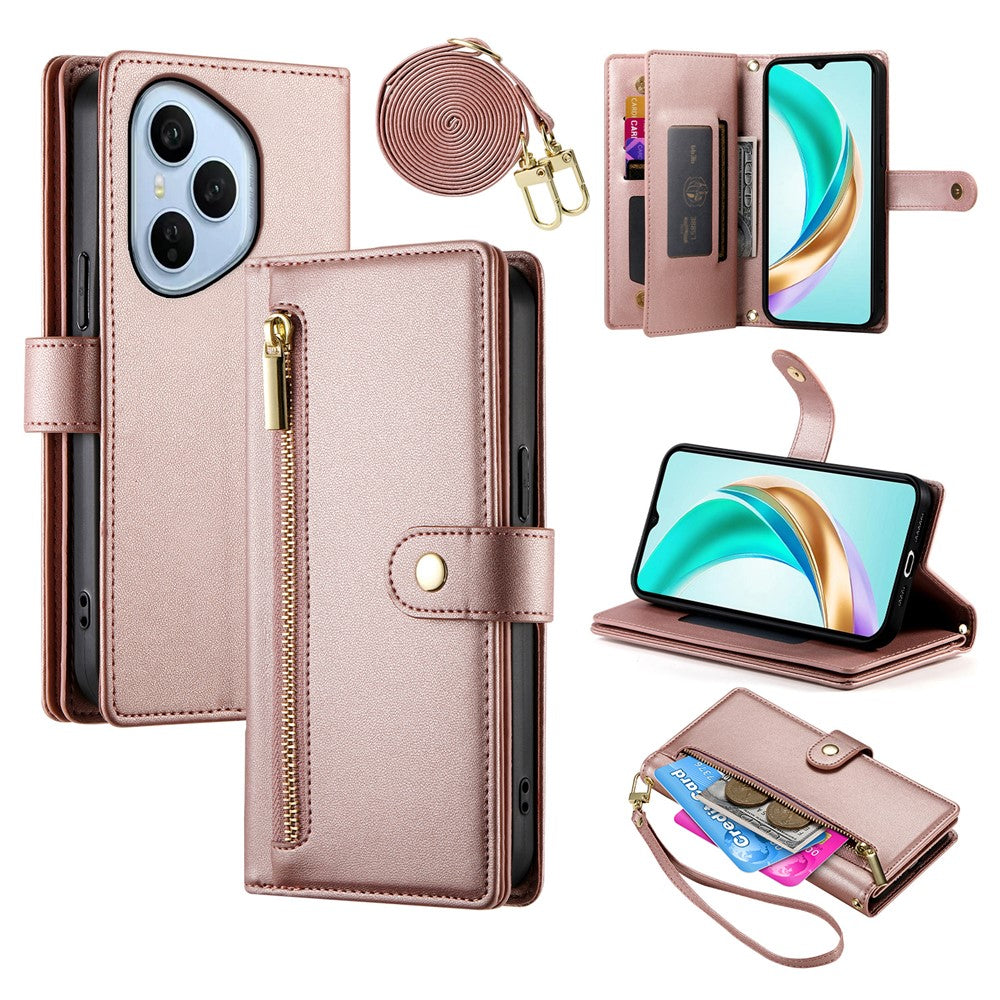For Honor 400 Pro 5G (Global) Case Zipper Pocket Wallet Leather Phone Cover with Straps