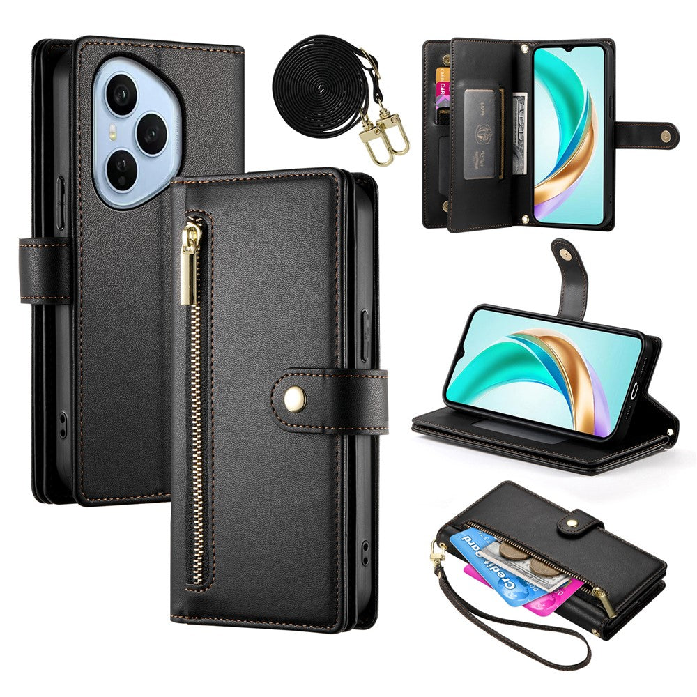For Honor 400 Pro 5G (Global) Case Zipper Pocket Wallet Leather Phone Cover with Straps