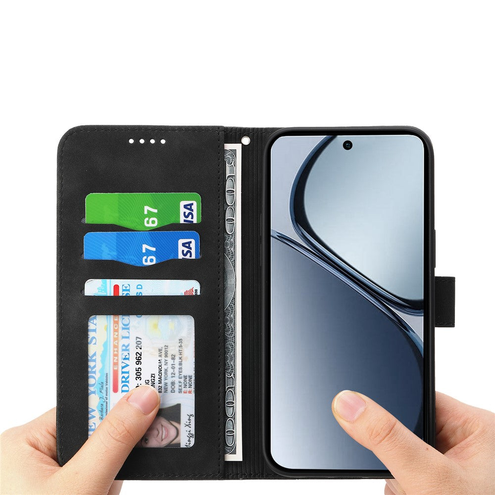 DIERFENG DF-03 For Oppo Reno14 Pro 5G (Global) Case Lines Imprint Wallet Leather Phone Cover with Wrist Strap