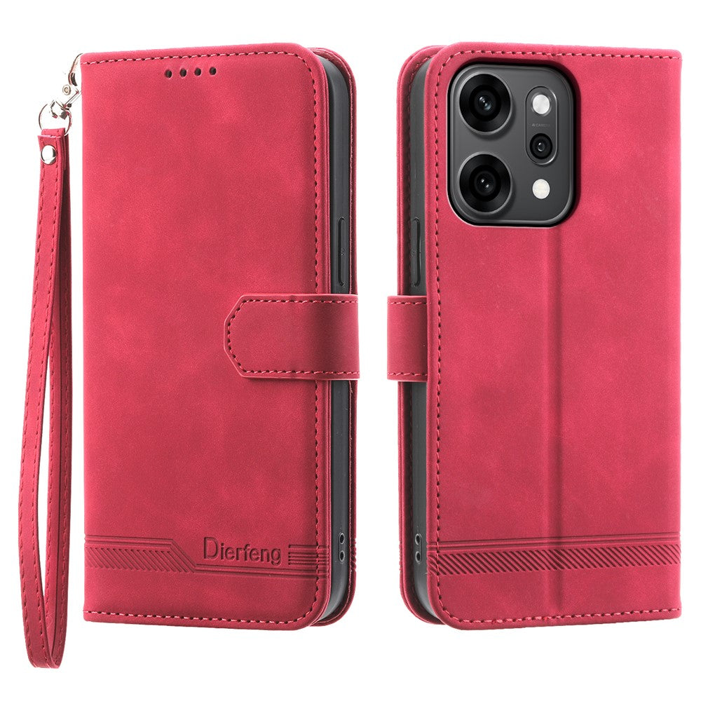 DIERFENG DF-03 For Oppo Reno14 Pro 5G (Global) Case Lines Imprint Wallet Leather Phone Cover with Wrist Strap