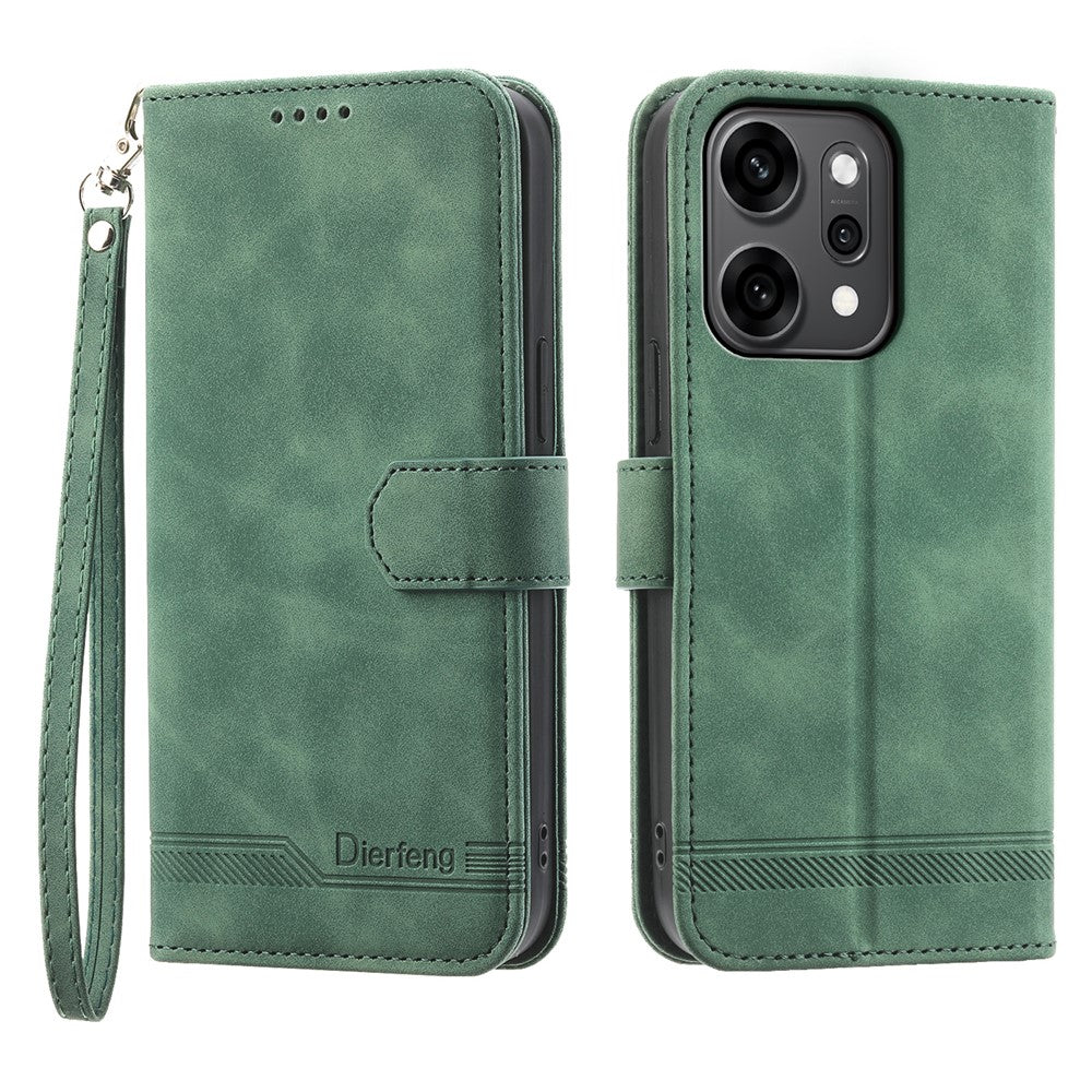 DIERFENG DF-03 For Oppo Reno14 Pro 5G (Global) Case Lines Imprint Wallet Leather Phone Cover with Wrist Strap