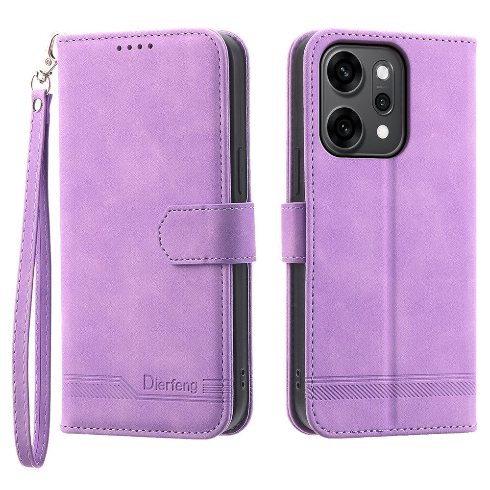 DIERFENG DF-03 For Oppo Reno14 Pro 5G (Global) Case Lines Imprint Wallet Leather Phone Cover with Wrist Strap
