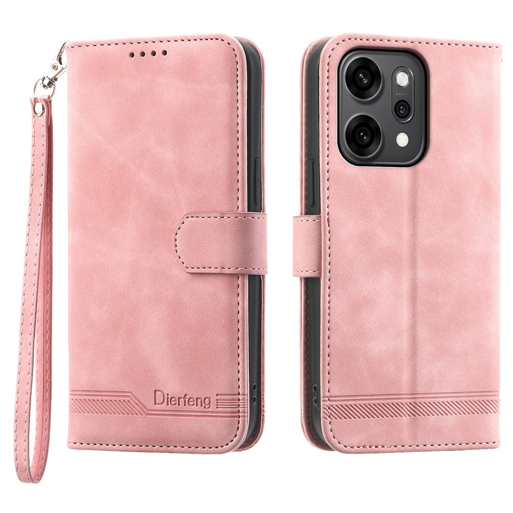 DIERFENG DF-03 For Oppo Reno14 Pro 5G (Global) Case Lines Imprint Wallet Leather Phone Cover with Wrist Strap