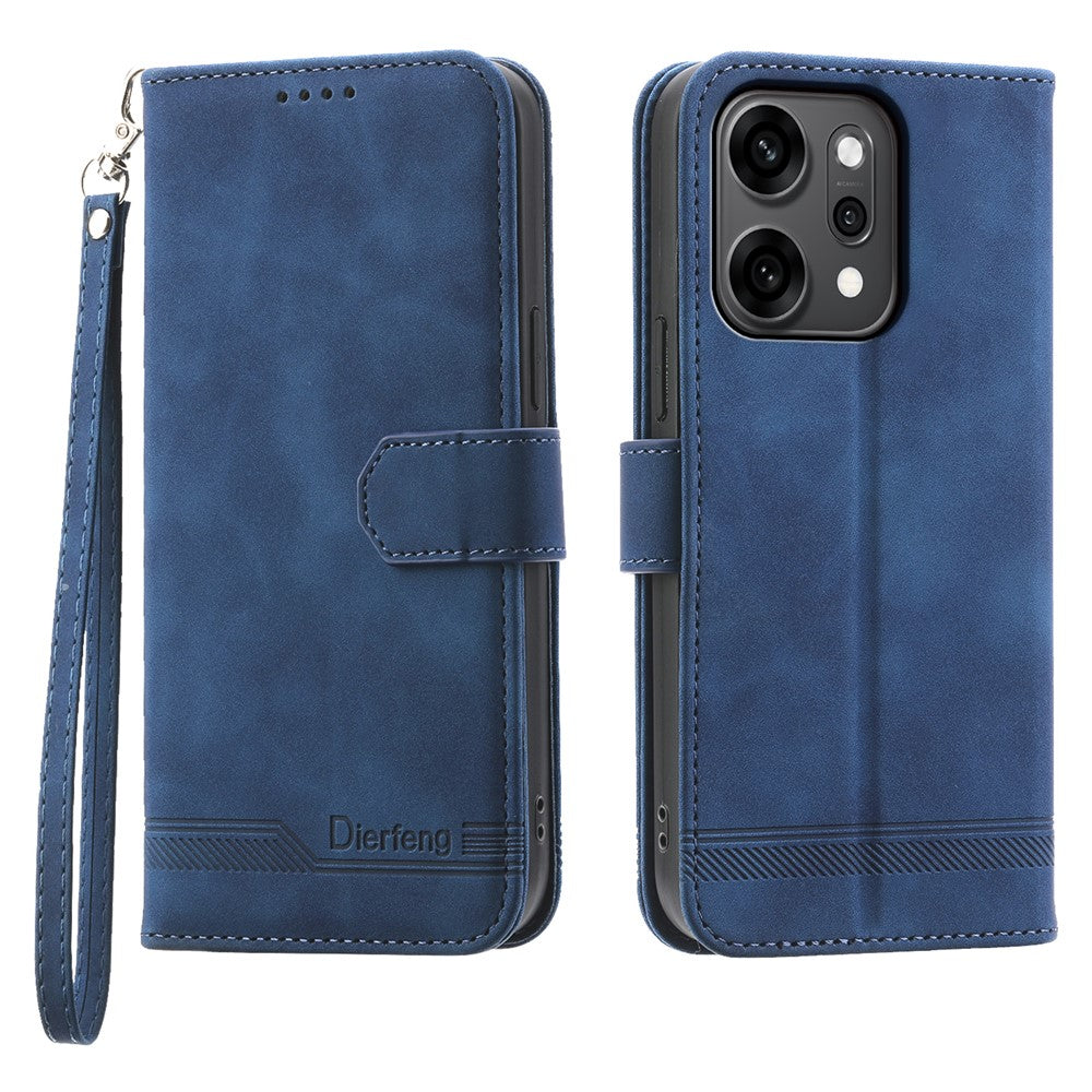DIERFENG DF-03 For Oppo Reno14 Pro 5G (Global) Case Lines Imprint Wallet Leather Phone Cover with Wrist Strap