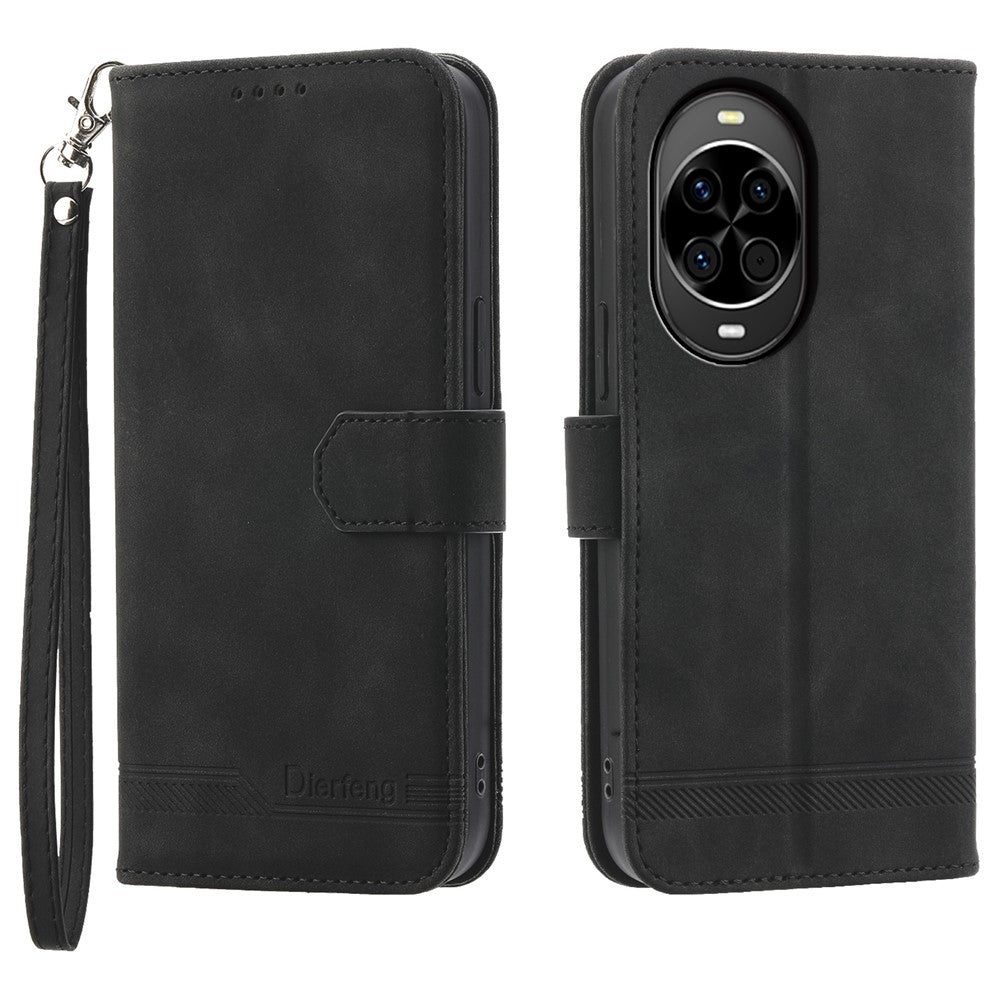 DIERFENG DF-03 For Huawei nova 14 5G Case Lines Imprint Wallet Leather Phone Cover with Wrist Strap