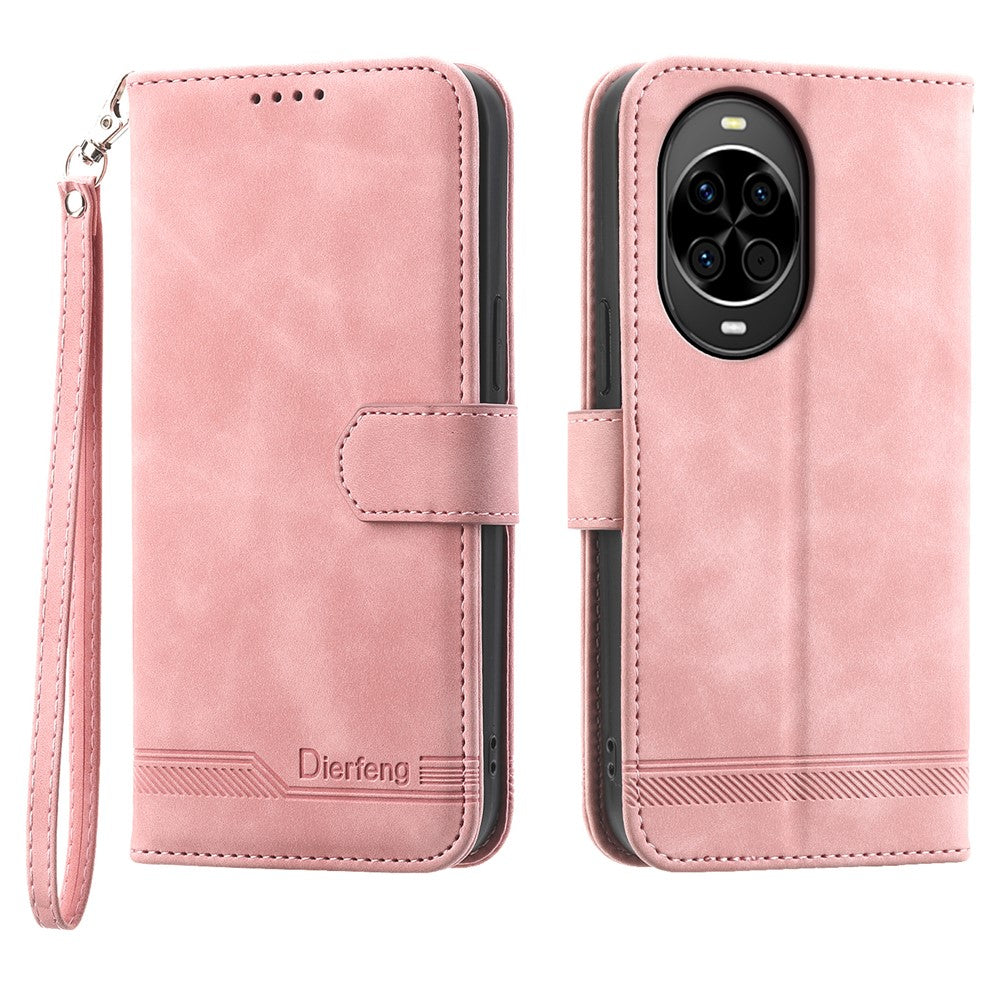 DIERFENG DF-03 For Huawei nova 14 5G Case Lines Imprint Wallet Leather Phone Cover with Wrist Strap