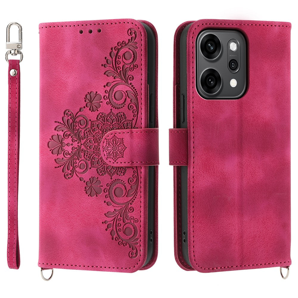 For Oppo Reno14 Pro 5G (Global) Case Flower Pattern PU Leather Wallet Phone Cover with Strap