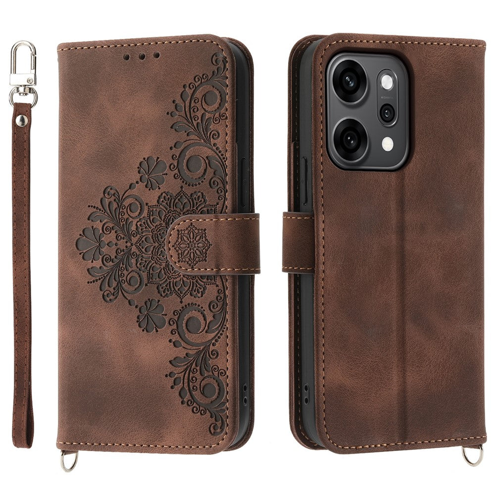 For Oppo Reno14 Pro 5G (Global) Case Flower Pattern PU Leather Wallet Phone Cover with Strap