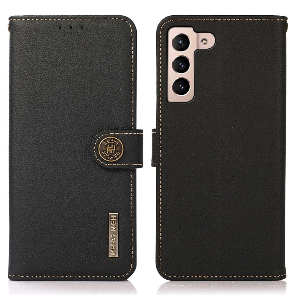KHAZNEH For Samsung Galaxy S23 RFID Blocking Genuine Leather Phone Wallet Cover Foldable Stand Drop-proof Case