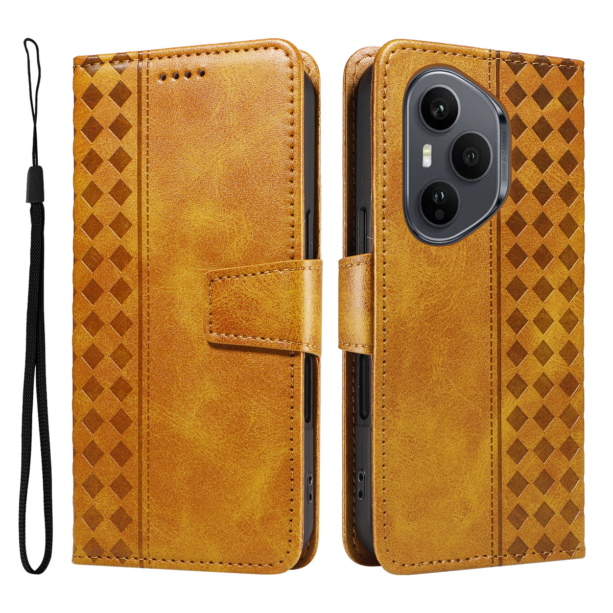 For Honor 400 Pro 5G (Global) Leather Case Wallet Stand Grids Imprinted Phone Cover with Strap