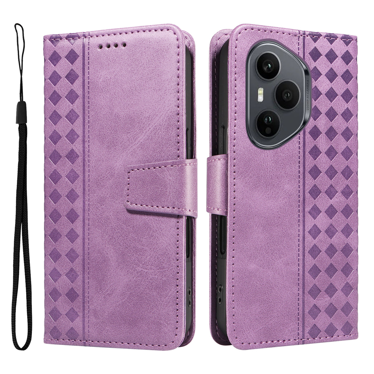 For Honor 400 Pro 5G (Global) Leather Case Wallet Stand Grids Imprinted Phone Cover with Strap