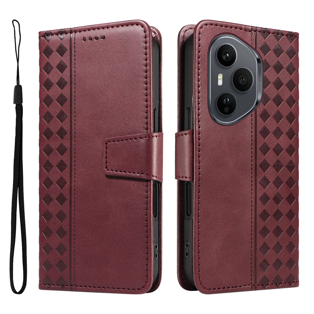 For Honor 400 Pro 5G (Global) Leather Case Wallet Stand Grids Imprinted Phone Cover with Strap
