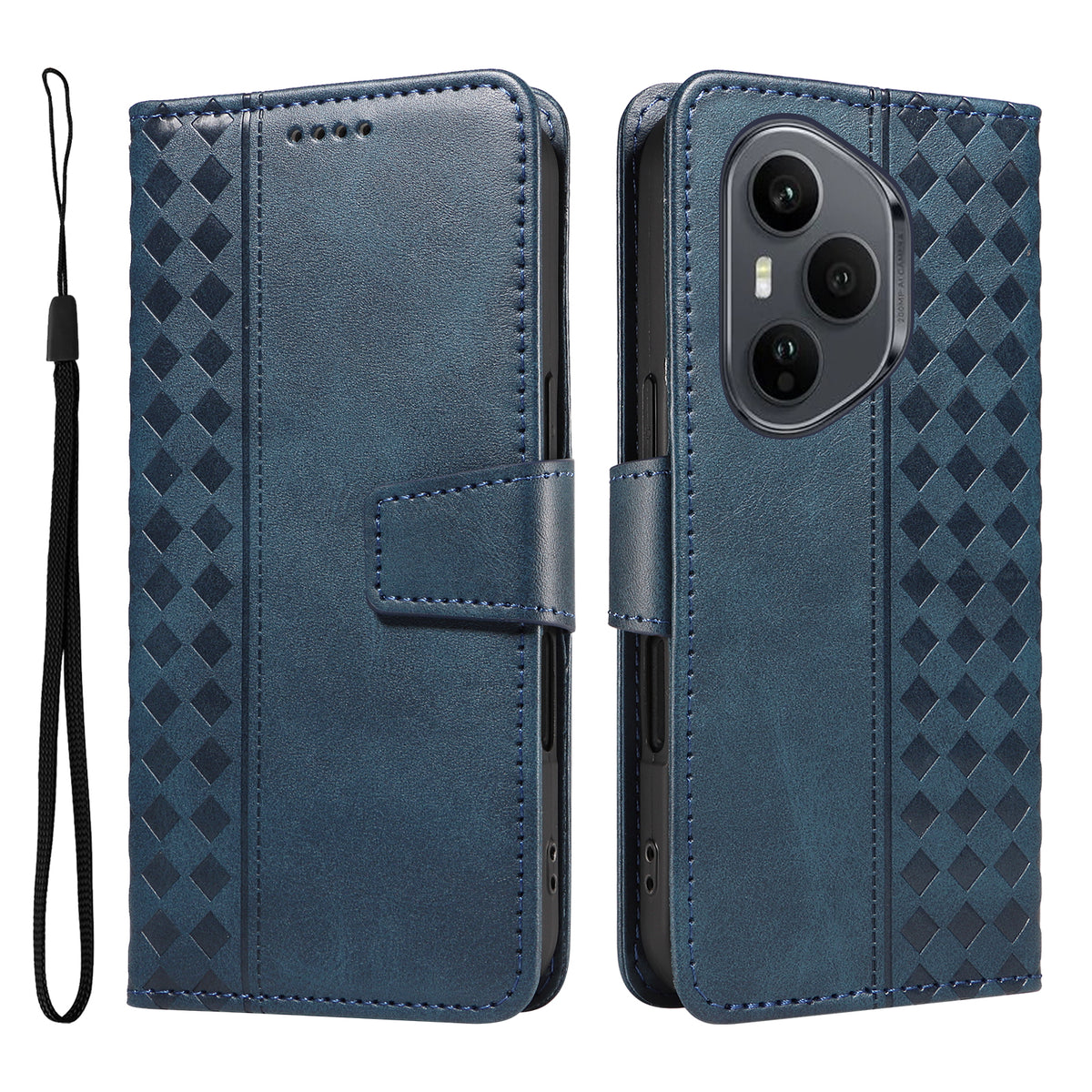 For Honor 400 Pro 5G (Global) Leather Case Wallet Stand Grids Imprinted Phone Cover with Strap