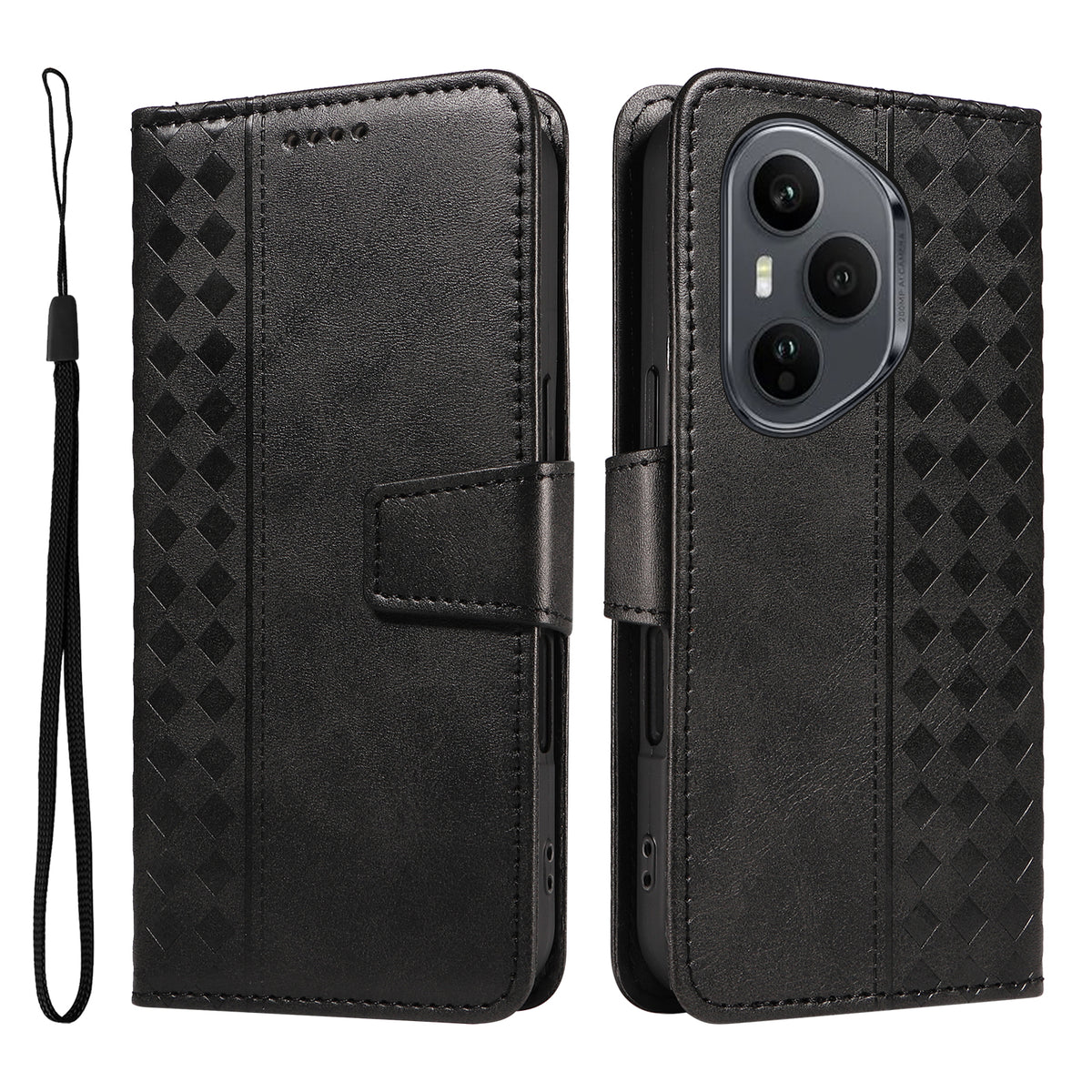 For Honor 400 Pro 5G (Global) Leather Case Wallet Stand Grids Imprinted Phone Cover with Strap