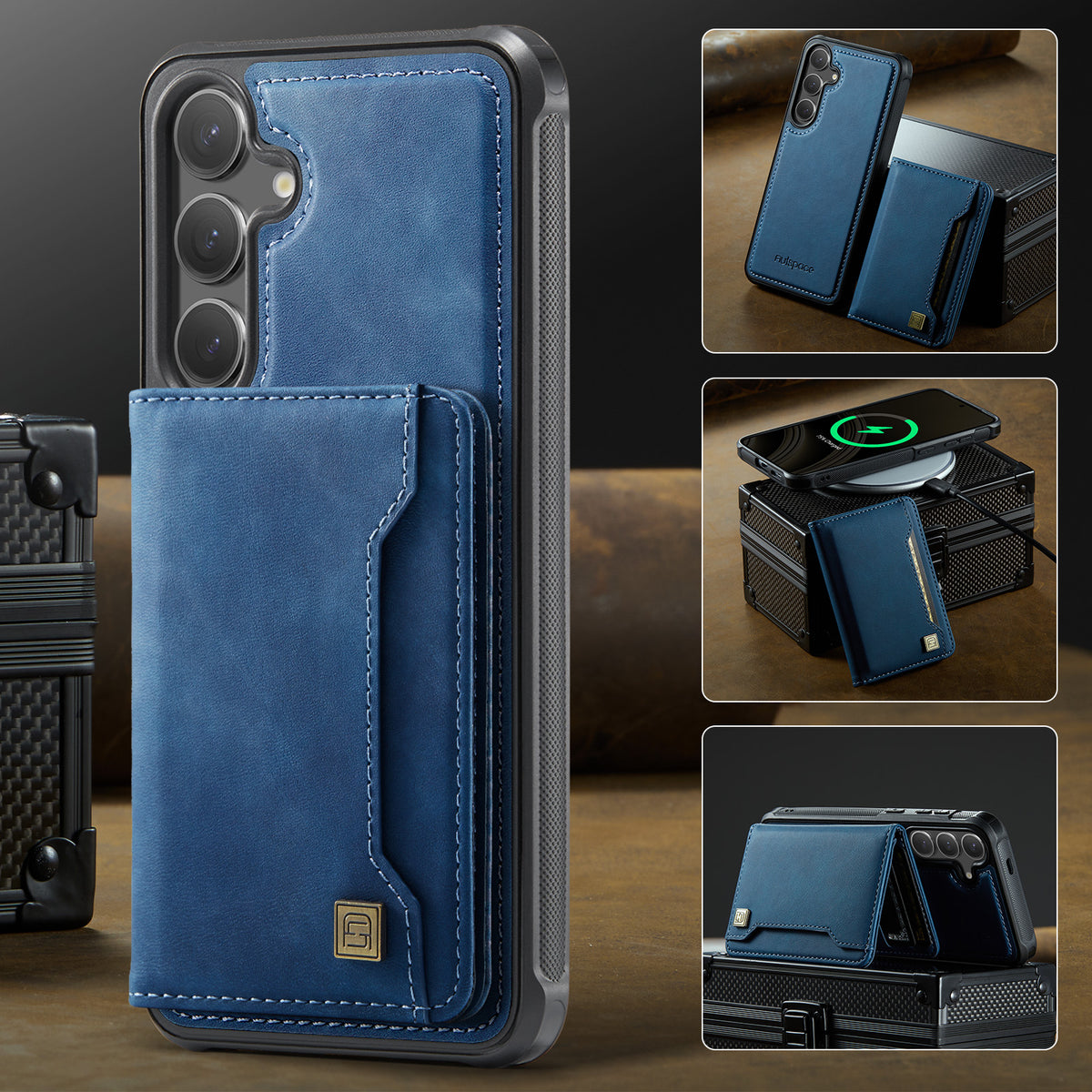 AUTSPACE For Samsung Galaxy S24 / Galaxy S25 Case  A13 Vintage Leather Back Cover with Magnetic Detachable Card Bag